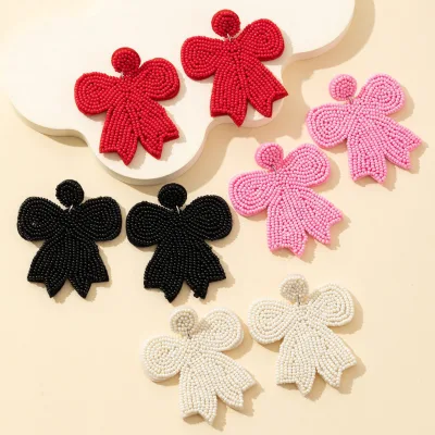 Hot Selling Women Fashion Jewelry Bow Earrings Lightweight Handmade Pink Beaded Bow Drop Danging Earrings