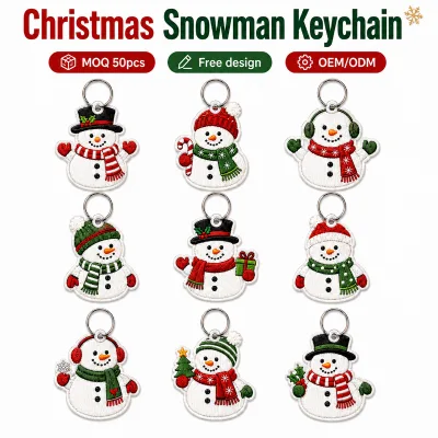 Wholesale Custom Christmas Snowman Embroidered Keychain Personalized Fabric Bag Charm for Holiday Gifts MOQ 50pcs
