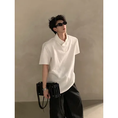 Men's Wrap Collar Short Sleeve T-Shirt, High Neck V-neck Minimalist Casual Top