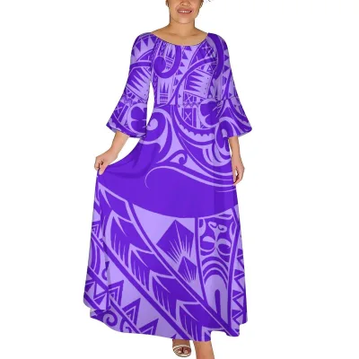 Hot Women Light Dark Purple Samoan Tribal Tattoo Print Maxi Dress Round Neck Flare 3/4 Bell Sleeve High Waist Plus Size Dress