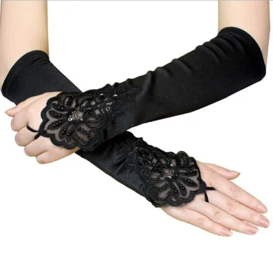 Wholesale Stock Party Wedding Gloves Fashion Black Fingerless Bride Elbow-Length Satin Full-Long Style for Bridal