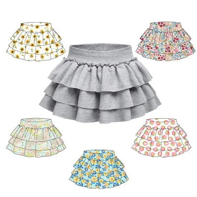 OEM&ODM Summer Baby Girls  Custom Printing Layered Ruffle Hem A-line Skirts Little Girl Elastic Waist Cute Pleated Skirts