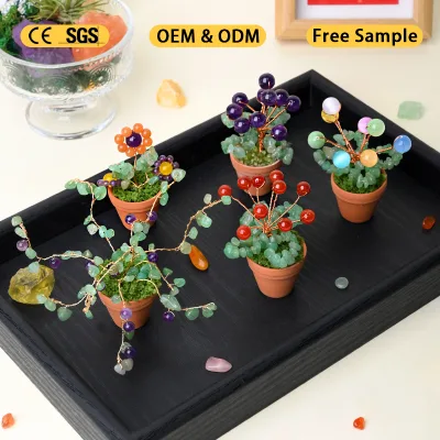 Wholesale Natural Healing Crystal Amethyst Aventurine Beads Red Clay Pot Mini Tree for Home Decor