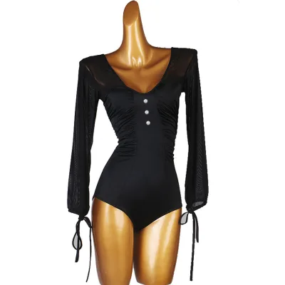 V-neck Latin Dance One-piece with Pearls Lantern Sleeve Latin Dance Outfit Ballroom Latin Top