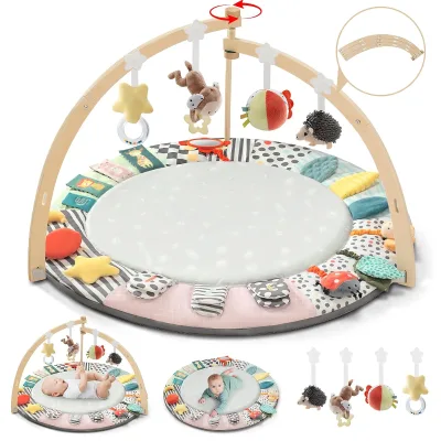 Foldable Wooden Baby Play Gym with 7 Sensory Toys for Newborn Baby Play Mat Activity Gym 6 Developmental Zones Tummy Time Mat