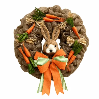Faux Easter Wreath Burlap Bunny Face Straw Sisal Rabbit Wreath with Carrots Rustic Spring Door Hanging Decor for Home Wall