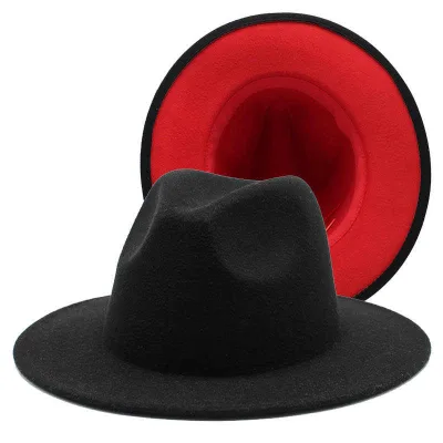 Custom Polyester Cotton Black Red Wide Brim Fedora Hat for Festival Party Events