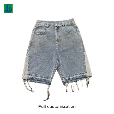 Custom Distressed Denim Shorts - Oversized Fit, Bold Letter Patchwork, Cotton Blend, Logo Customization by Garment Manufacturer