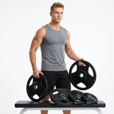 Portable Tri Grip Rubber Bumper Plates & Barbell Weights Set 2.5lb-45lb Black TW TWBP03