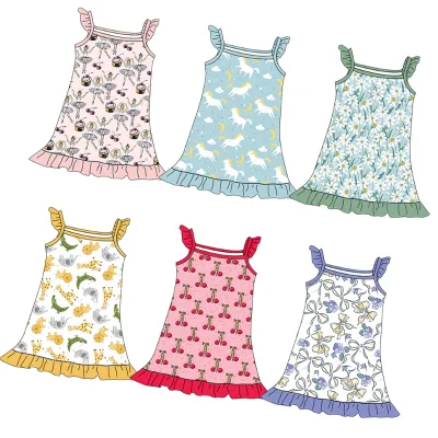 Toddler Girls Sleeveless Ruffled Nightgown, Soft Breathable Fabric Pajama/Daily Dress Ruffled Strap & Hem Kids Summer Wear