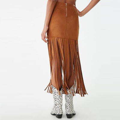 Latest Fashion Casual Style Empire Waistline Faux Suede Fringe Midi Pencil Skirt