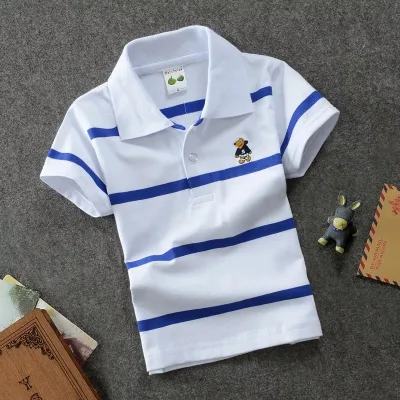 Kids Casual Polo T-Shirt Wholesale Short Sleeve Cotton Striped Turn-Down Collar Anti-Pilling Breathable Sizes 1-14 Years