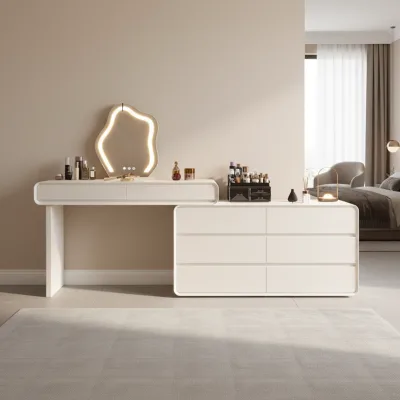 Dressing Table Vanity Cream Ivory 8 Drawer Makeup Desk Telescopic Adjustable Wood LED Mirror Storage for Master Bedroom Tocador