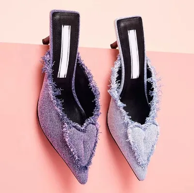 Anmairon Fashion Women's Brand Handmade Purple Denim Pointed Toe Slippers with Low Heels Spring Oxford Outsole Footwear