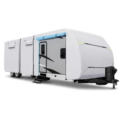 Outdoor Travel Trailer Camper Cover 5-ply Top Reinforced Windproof Side-Straps Anti-UV Water-Resistant Heavy Duty Breathable