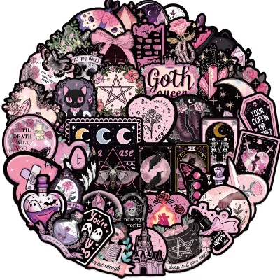 52pcs Dark Pink Gothic Spooky Death Witchy Raven Skull PVC Sticker Fashional Gothic Style Gothic Decorative Wall Art Halloween