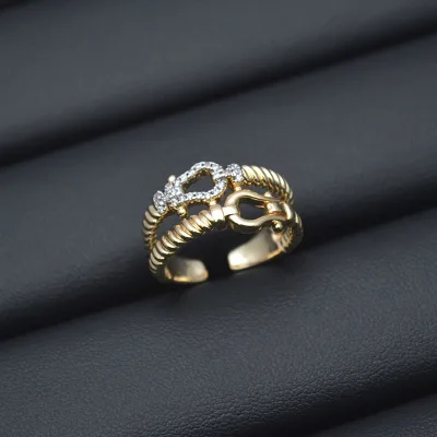Trendy Two-tone Plated Cubic Zirconia Double Layer U-shaped Horseshoe Open Ring for Women