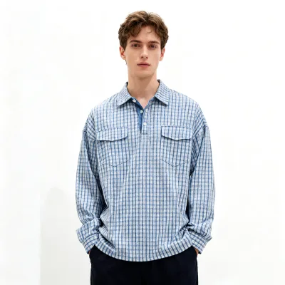 OEM Custom Cotton Breathable Blue Long Sleeve Vintage Embroidery Logo Turn Down Collar Men's Plaid Polo Shirts
