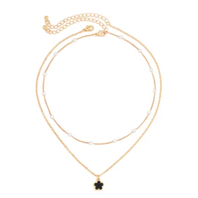 DUYIZHAO Cheap Double Layer Pearl Chain Clover Five Leaf Flower Pendant Necklace for Women Fashion Jewelry Accessories
