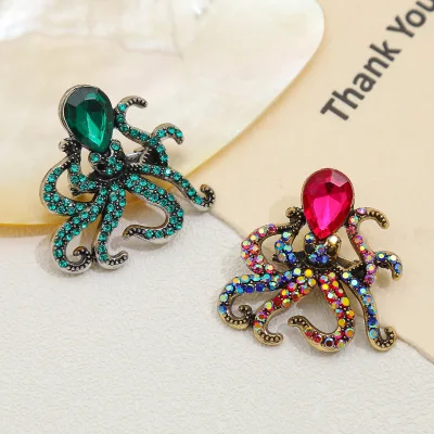 Vintage Children's Gold Plated Diamond Octopus Brooch Rose Red Water Drops Big Diamond Marine Animal Pin Suit Coat Plating