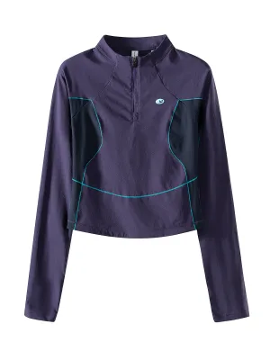 Chic Lady Teenagers Half-Zip Color-Block Outdoor Long-Sleeve T-Shirt 100% Polyester Fiber Quick-Drying Sun-Protective