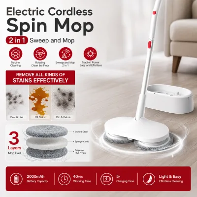 2 in 1 Electric Cordless Rechargeable Spin Mop with Self-Drive Forward Turbine Cleaning for Hard Floor Daily Mopping Household