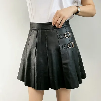 Black Grey Short Skirt Women Genuine Leather Pleated Tennis Mini Skirt