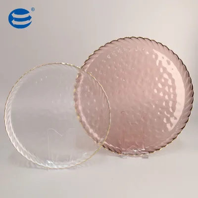 Hammered Crystal Glass Plates with Gold Rim, Clear & Pink Serving Dishes for Party Wedding
