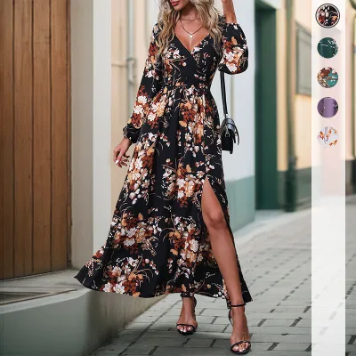 Women's Vintage Style Long-Sleeved V-Neck Printed Dress New for Autumn Season with Empire Waistline