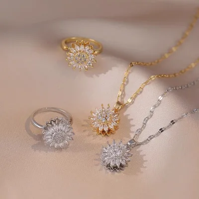 High Quality Double-layer Rotate Spins Sunflower Pendant Necklace Stainless Steel Chain Gold Plated Rotating Sunflower Necklace
