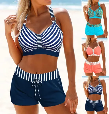 OEM Custom Women's New Summer Two-Piece Set Blue and White Striped Printed Tank Top and Shorts Swimsuit Swimming Wear for Women
