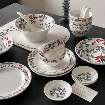 Ins Classic Flower Design Dinnerware Set Luxury Wedding Tableware Including Dinner Plates and Coffee Cups Dishwasher Safe