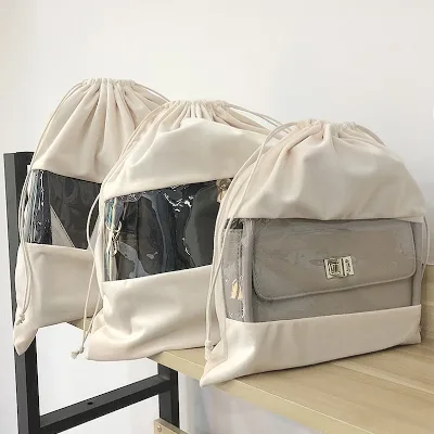 Cotton Linen Drawstring Dust Pouch with PVC Window for Purse Linen Baby Shoes Dust Bags