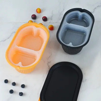 Zeqiu 1150ml Oval Disposable 2 Compartment Double Layer Plastic Food Container Lid Black/Orange Universal Use Customizable
