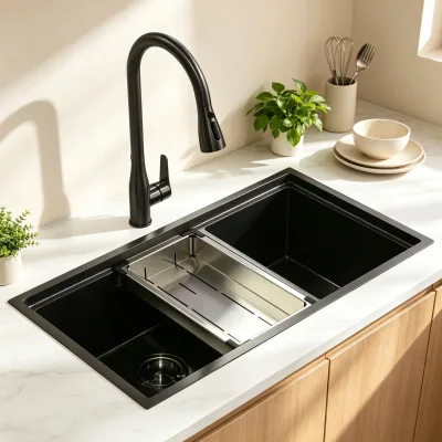 Nano PVD Black Double Bowl Kitchen Sink Undermount Handmade 304 Stainless Steel Modern
