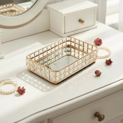 Decorative Gold Metal Mirrored Jewelry Vanity Tray