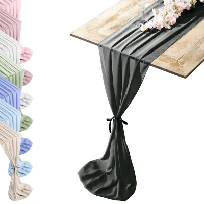 Factory Direct Sale High Quality Fancy Cheap Beautiful Banquet Party Wedding Dusty Black Sheer Chiffon Voile Black Table Runners
