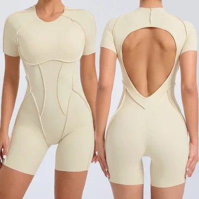 Hot Sale 3D Design Back Hollow Out Short Sleeve Jumpsuit for Women Slim Fit Training Fitness Activewear Bodysuits