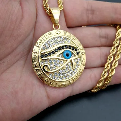 Hip Hop 18K Gold Plated Stainless Steel Necklace Iced Out the Eye of Horus Jewellery Pendant Necklace