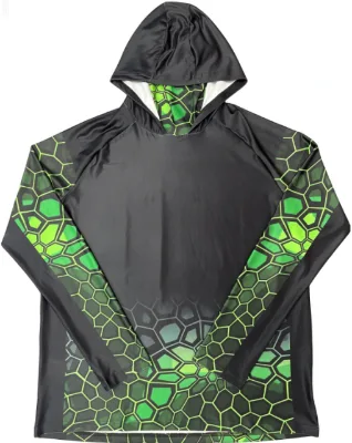 UPF50 UV Protection Hooded Fishing Long Sleeve Shirt Sublimated Green Honeycomb Print Quick Dry