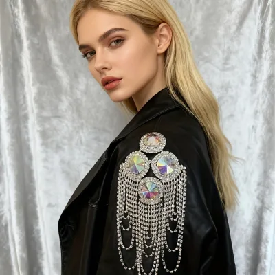 Ornate Tassel Epaulet Accessory for Palace-Style Blazers, Decorated with Colored Diamond, Plum Blossom Motifs and Rhinestones