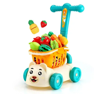 Pretend Play Toy Fast Food Cutting Pizza Toy Set Supermarket Trolley Pretend Play Simulation Shopping Cart Toy for Kids