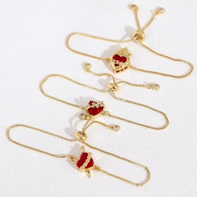 Popular Fashion Red Heart Shaped Pendant Jewelry Bracelets Stylish Adjustable Zircon Charms Bracelets
