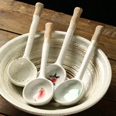 Japanese Ceramic Soup Spoon Stoneware Spoon Long Handle Household Creative Rice Coffee Cup Spoon Ladle Kitchen Tableware