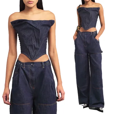 Women's Casual Summer Denim Corset Top Body Boning Crafted Draped and Structural Bodice