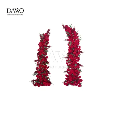 Symmetrical Red Artificial Rose Floral Column Set Waterproof Silk Flower Wedding Reception Arch