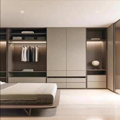 Modern Mix and Match Style Beige Wardrobe L-shape Custom Cloakroom Cabinet Wood Armoire Lacquer Finish Closets