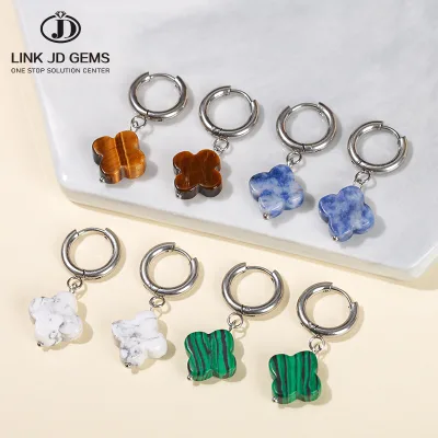 JD GEMS Fashion Stainless Steel Crystal Dangle Hoops Earrings Natural Gemstone Quartz Turquoise Four-Leaf Clover Drop Earring