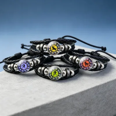 Vintage 12 Constellation Zodiac Bracelet Hand Braided Black Pu Leather Rope Wristband Astrology Bracelets for Men Women