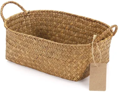 Eco-friendly Handmade Woven Natural Rustic Brown Seagrass Serving Tray Rectangular Seagrass Storage Basket with Handle